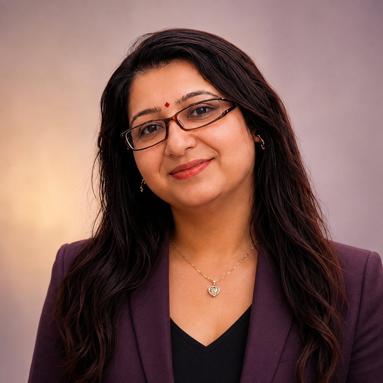 Sonia Bishnu, Transformational Coach and Healer, wearing a plum blazer